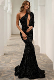 Shiny One Shoulder Mermaid Leg-Of-Mutton Sleeve Long Evening Dresses