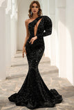 Shiny One Shoulder Mermaid Leg-Of-Mutton Sleeve Long Evening Dresses