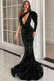 Shiny One Shoulder Mermaid Leg-Of-Mutton Sleeve Long Evening Dresses