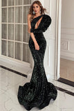 Shiny One Shoulder Mermaid Leg-Of-Mutton Sleeve Long Evening Dresses