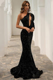 Shiny One Shoulder Mermaid Leg-Of-Mutton Sleeve Long Evening Dresses