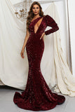 Shiny One Shoulder Mermaid Leg-Of-Mutton Sleeve Long Evening Dresses