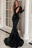 Shiny One Shoulder Mermaid Leg-Of-Mutton Sleeve Long Evening Dresses