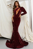 Shiny One Shoulder Mermaid Leg-Of-Mutton Sleeve Long Evening Dresses