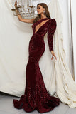 Shiny One Shoulder Mermaid Leg-Of-Mutton Sleeve Long Evening Dresses