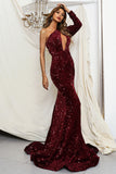 Shiny One Shoulder Mermaid Leg-Of-Mutton Sleeve Long Evening Dresses