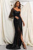 One Shoulder Sweetheart Prom Dresses Elegant Sequined Split  Sweep Train Evening Dresses