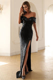 Off The Shoulder Party Dresses High Split Sequins Evening Dresses