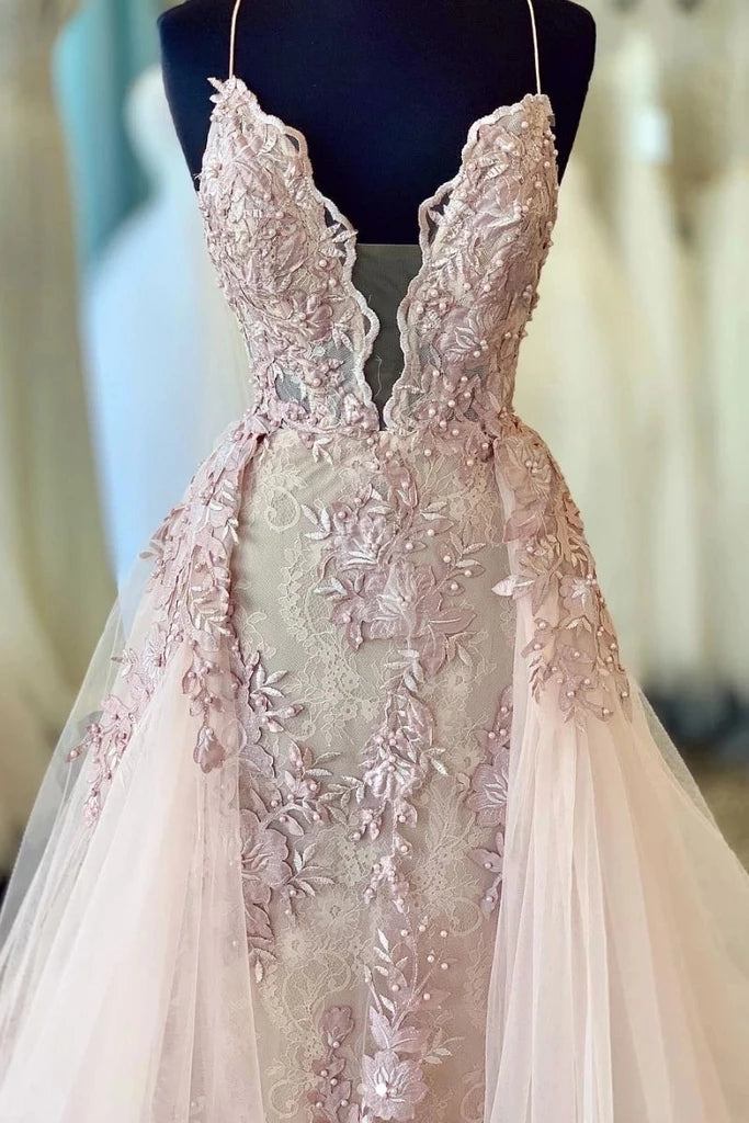 Spaghetti Straps Deep V-Neck Tulle Prom Wedding Dresses with Removable Tulle Skirt N2535