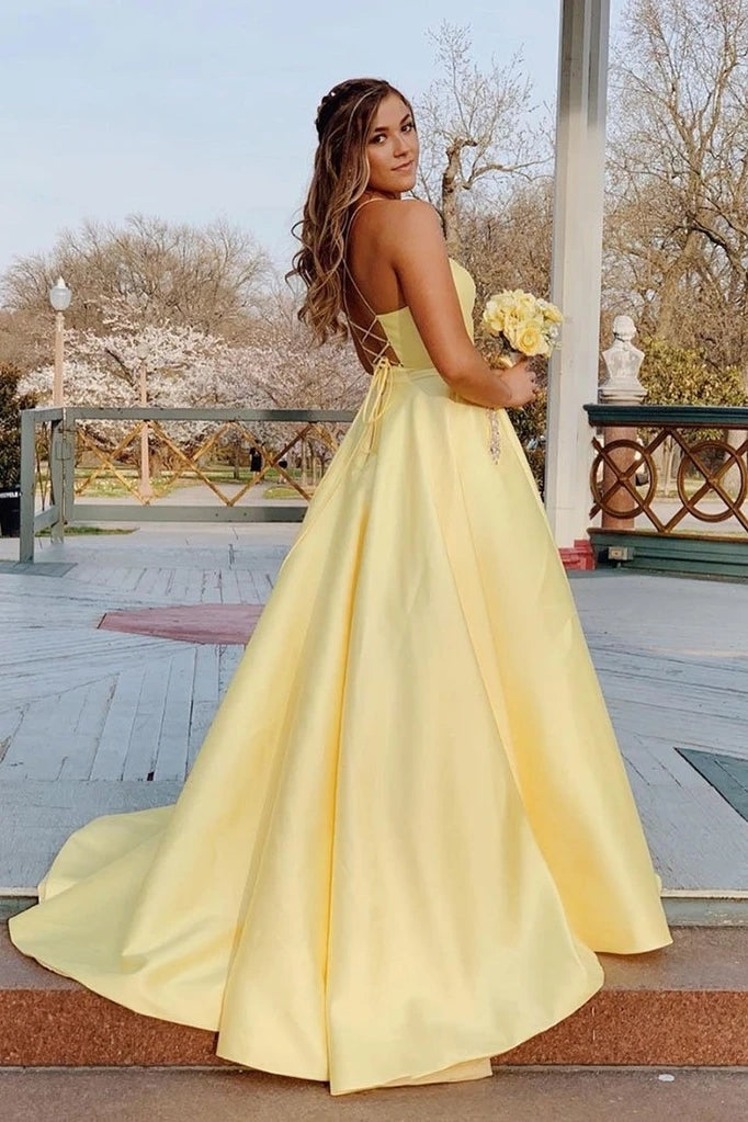 Daffodil Spaghetti Straps Backless Long Satin Prom Dresses With Pockets N2627