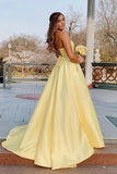 Daffodil Spaghetti Straps Backless Long Satin Prom Dresses With Pockets N2627