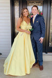 Daffodil Spaghetti Straps Backless Long Satin Prom Dresses With Pockets N2627