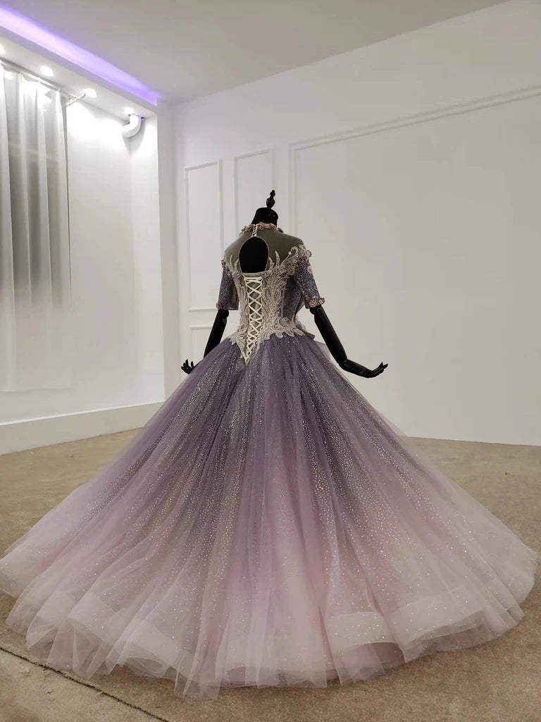 Sparkly Ball Gown Half Sleeves Princess Wedding Dresses with Flowers