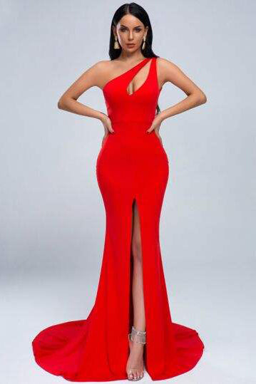 Mermaid Sweep Train Party Dresses One Shoulder Sleeveless High Split Evening Gowns