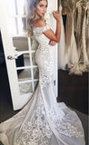 Mermaid Off-the-shoulder Sheer Lace Appliques Beach Wedding Dress N496