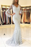 Mermaid White V-Neck Lace Appliqued Evening Dresses with Sleeves N2026