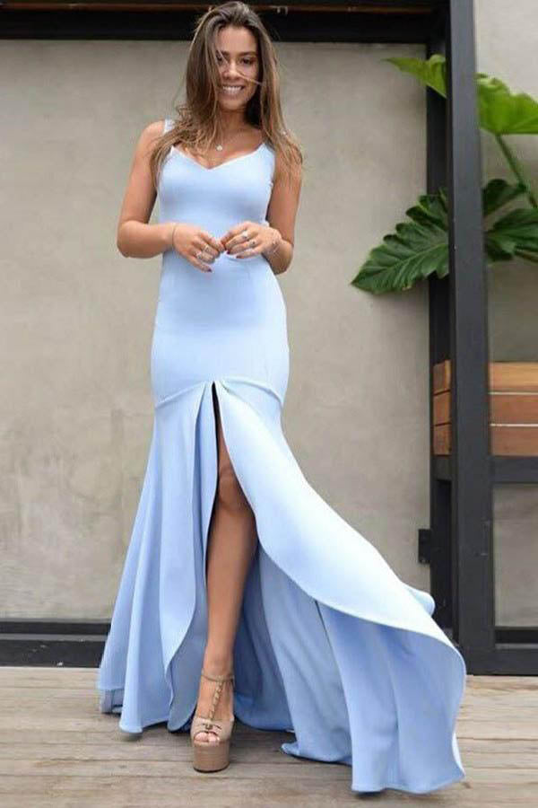 Sexy Sleeveless Straps Mermaid Prom Dresses with Split Long Backless Light Blue Evening Dresses N1136