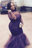 Mermaid High Neck Long Sleeves Lace Floor-Length Tulle Plus Size Prom Dresses N2213