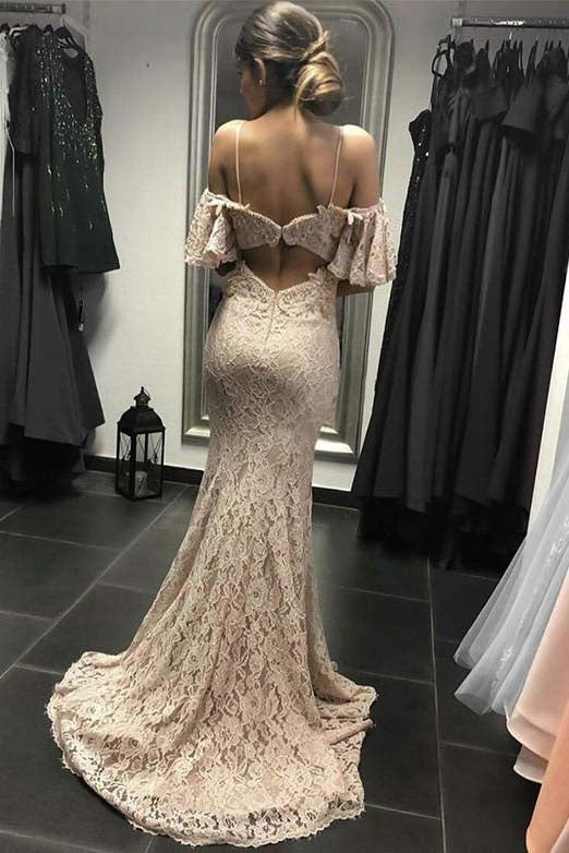 Ivory Mermaid Spaghetti Straps Open Back Lace Prom Dress, Lace Wedding Dress N1443