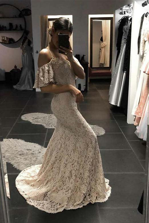 Ivory Mermaid Spaghetti Straps Open Back Lace Prom Dresses Lace Wedding Dresses N1443