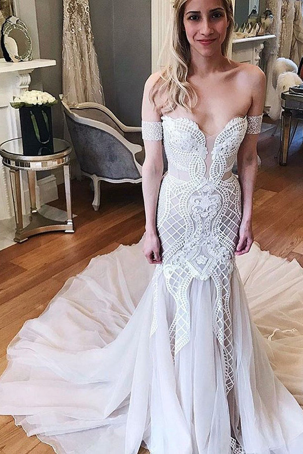 Gorgeous Mermaid Off-the-Shoulder Chapel Train Ivory Tulle Wedding Dress Appliques N1506