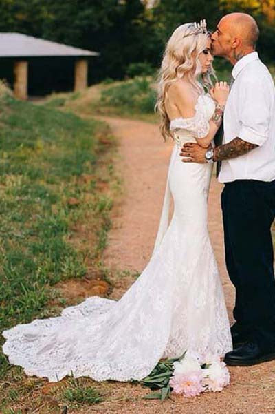 Mermaid Off-the-shoulder Trumpet Tulle  Appliques Lace Beach Wedding Dresses,N656