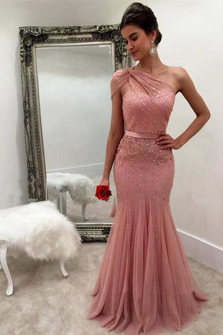 Unique Mermaid One Shoulder Tulle With Beads and Sash Prom Dresses, Evening Dress N1360