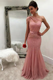 Unique Mermaid One Shoulder Tulle With Beads and Sash Prom Dresses, Evening Dress N1360