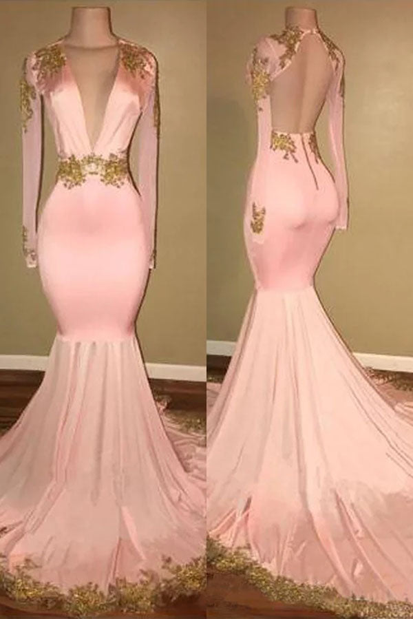 Mermaid V-neck Brush Train Long Sleeves Applique Prom Dresses, Backless Senior Dress N1474