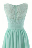 Mint Green V-Neck Pleated Long Bridesmaid Dresses with Lace N1855
