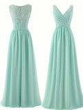 Mint Green V-Neck Pleated Long Bridesmaid Dresses with Lace N1855