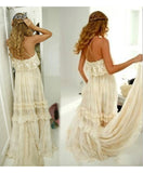 Vintage Hippie Style Boho Beach Wedding Dresses Spaghetti Straps Tiered Lace Chiffon Dresses N1632
