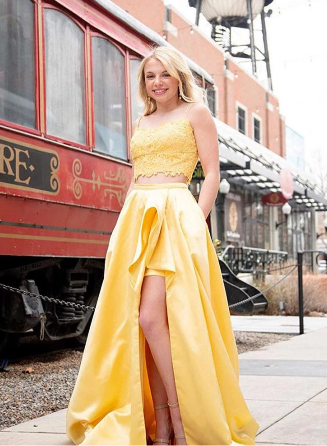 A Line Two Pieces Lace Top Satin Skirt with Ruffled Side Opening Prom Dresses