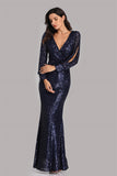 Pretty Long Sleeves V-Neck Mermaid Sequin Long Prom Dresses