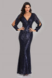 Pretty Long Sleeves V-Neck Mermaid Sequin Long Prom Dresses