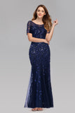 Elegant Short Sleeves Zipper Back Sequin Lace Long Prom Dresses