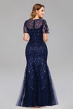 Elegant Short Sleeves Zipper Back Sequin Lace Long Prom Dresses