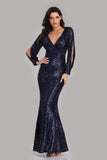 Pretty Long Sleeves V-Neck Mermaid Sequin Long Prom Dresses