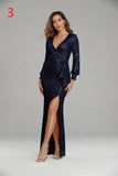 Glitter Sheath V-Neck Long Sleeves Front Split Sequin Prom Dresses