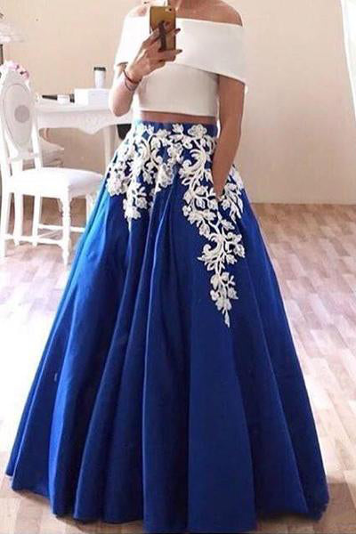 New Off the Shoulder Two Piece Prom Dress, Floor Length Blue Formal Dresses N1563
