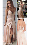 Spaghetti Straps V-Neck Slit Prom Dresses with Beading Beaded Prom Gown Party Dresses N826