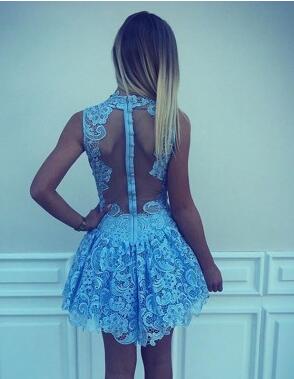 Chic A Line High Neck Light Blue Sleeveless Lace Short Homecoming Dresses Mini Party Dresses