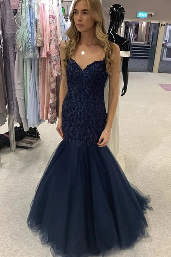 Dark Navy Mermaid Spaghetti Straps Lace Tulle Prom Dresses OK2010