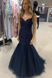 Dark Navy Mermaid Spaghetti Straps Lace Tulle Prom Dresses OK2010