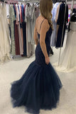 Dark Navy Mermaid Spaghetti Straps Lace Tulle Prom Dresses OK2010