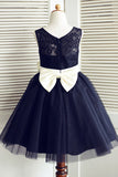 A-Line Round Neck Navy Blue Tulle Flower Girl Dresses with Lace Flower F048
