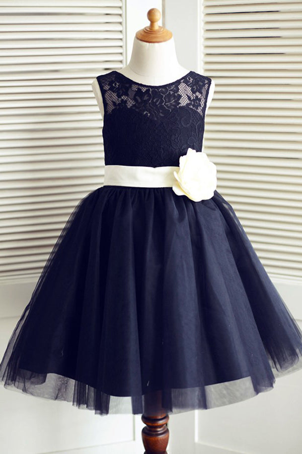 A-Line Round Neck Navy Blue Tulle Flower Girl Dress with Lace Flower F048