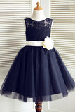 A-Line Round Neck Navy Blue Tulle Flower Girl Dress with Lace Flower F048