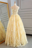 Yellow Sheer Neck Tulle Lace Appliqued Floor Length Prom Dresses N681