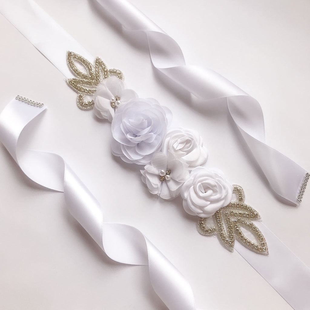 Rose Flower Rhinestone Pearls Wedding Sash B02